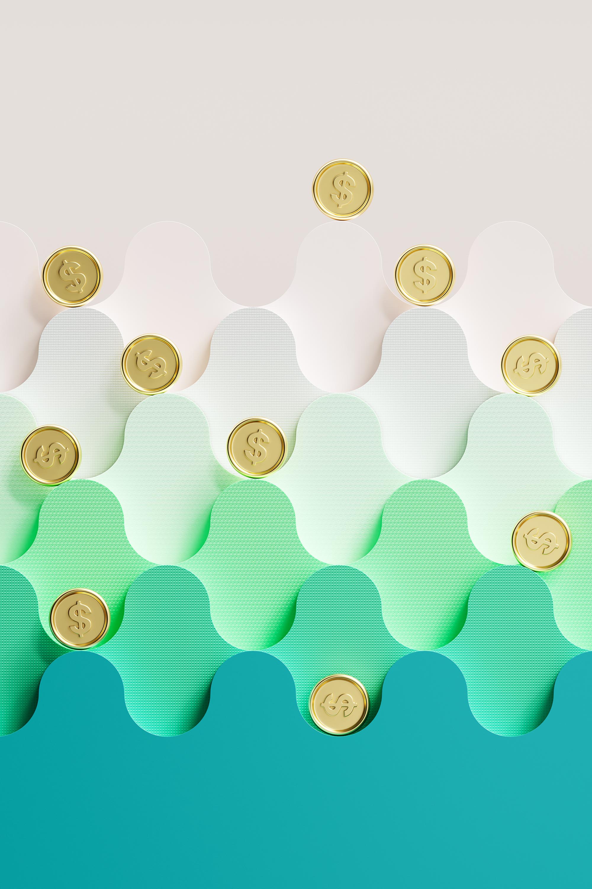 Image of rolling coins on green wavy surfaces. The concept of finance, fintech technology, new banking, investment.